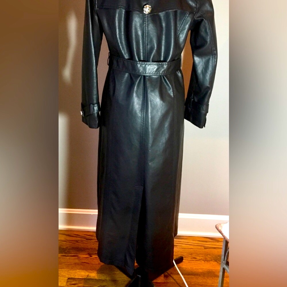 DENNIS BASSO Trench coat Black faux leather Full length Vintage SMALL a Classic - Picture 6 of 17